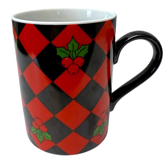 DEPARTMENT 56 Holiday Mugs Set of 3 Red Black Checkerboard Christmas Ho Ho Holly - Picture 2 of 10